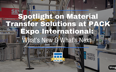 Spotlight on Material Transfer Solutions at PACK Expo International: What's New & What's Next. Image features a trade show booth with industrial material transfer equipment on display, showcasing advanced machinery and technologies. The banner includes the material transfer's 35-year anniversary logo, highlighting the company's participation in the upcoming event.