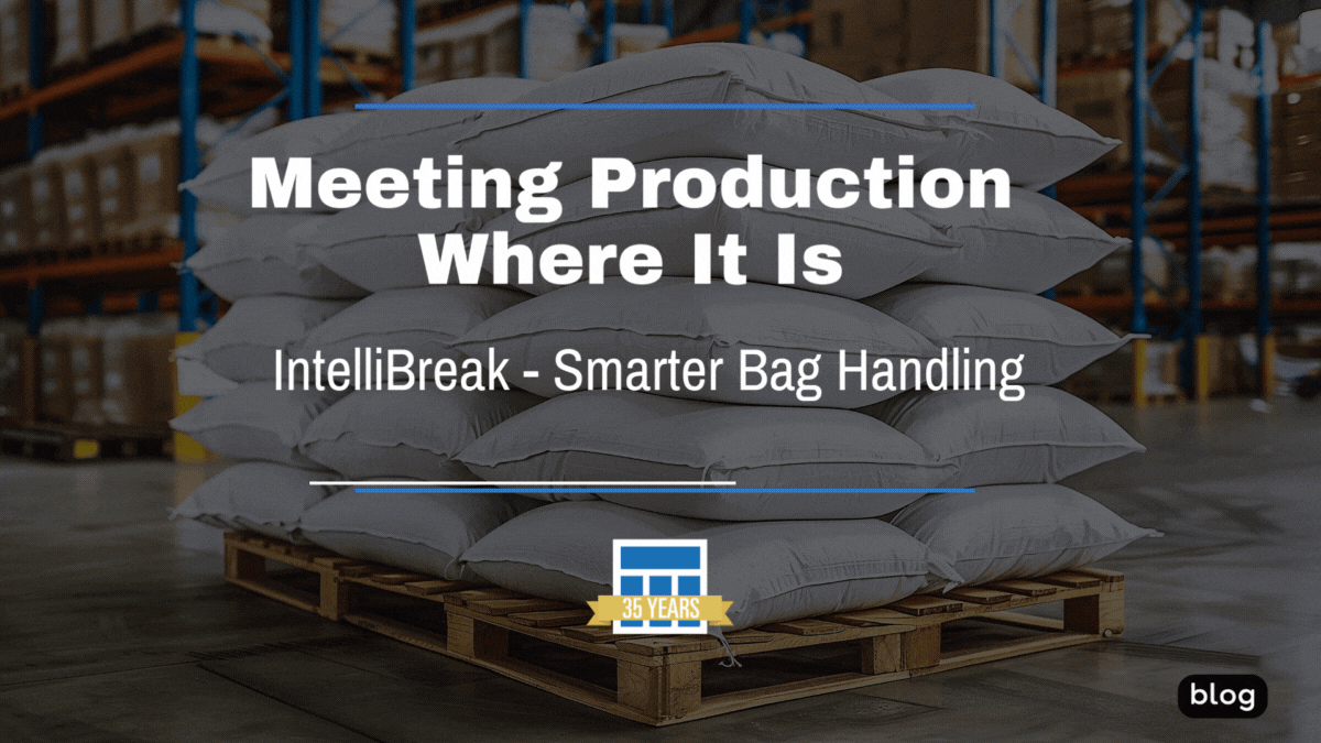 Stacked bags on a pallet in a warehouse setting with text overlay highlighting IntelliBreak as a smarter bag handling solution for improved production efficiency.